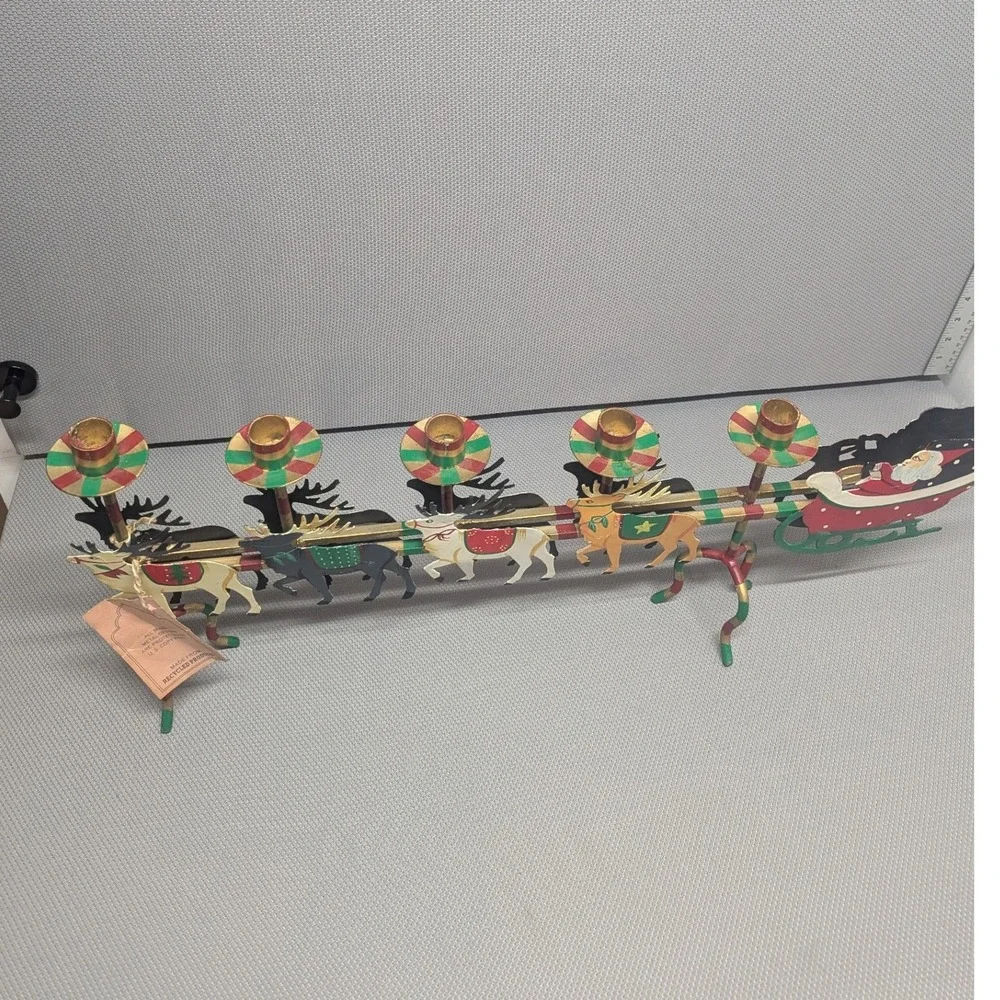 VTG Santa Sleigh Reindeer Metal Candle Stand Christmas Decor Husna Imports 5084